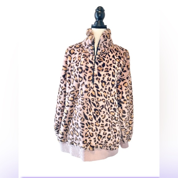 MITTOSHOP pink cheetah fur 1/2 zip pullover jacket women’s size Large 10 12 - Picture 12 of 14
